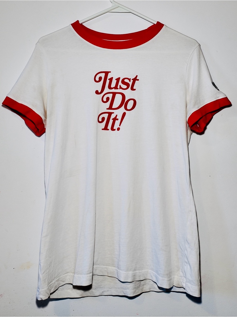 Nike White T-Shirt with Red Ringer and 'Just Do It!' Graphic